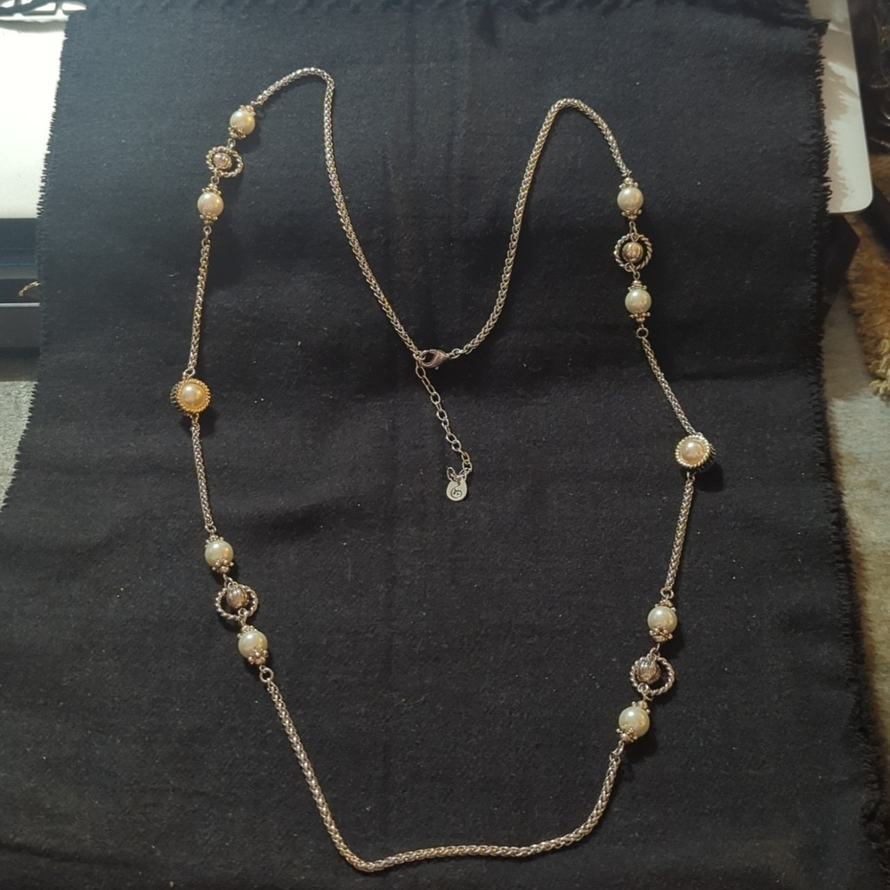 Scroll by Dillard's Silver Tone White Faux Pearl Beaded Long Statement Necklace